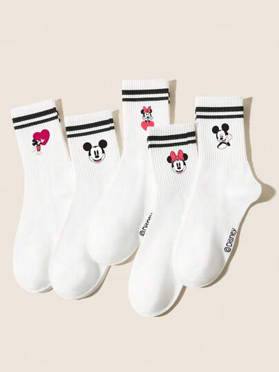 Disney 5双装男女款白色学院风双条纹短袜，可爱浪漫的情人节米妮/米奇/爱心图案，柔软透气舒适，中筒袜，适合情人节穿搭、户外活动、派对礼物、旅行