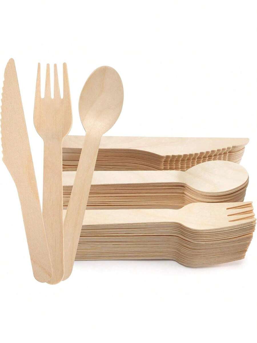 100pcs Wooden Cutlery Set - Wooden Knives, Forks, Spoons, Birchwood Ice Cream Spoons, Dessert Wooden Spoons For Outdoor, Party, Camping And Picnic - Apricot - View 1