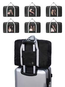 A-Z Floral Initial Foldable Travel Duffel Bag, Black Waterproof Luggage Tote With Rose Gold Letter Print, Ideal For Carrying Travel Essentials, Suitable For Travelers, Students, Gym Enthusiasts, Gift Givers & Bridesmaids, Perfect For Vacations, Business Trips, Gym Visits, Weekend Getaways & Gift-Giving, Foldable Design With Trolley Sleeve, Versatile As Travel Duffel, Gym Bag, Weekender Tote & Personalized Gift - Multicolor - View 2