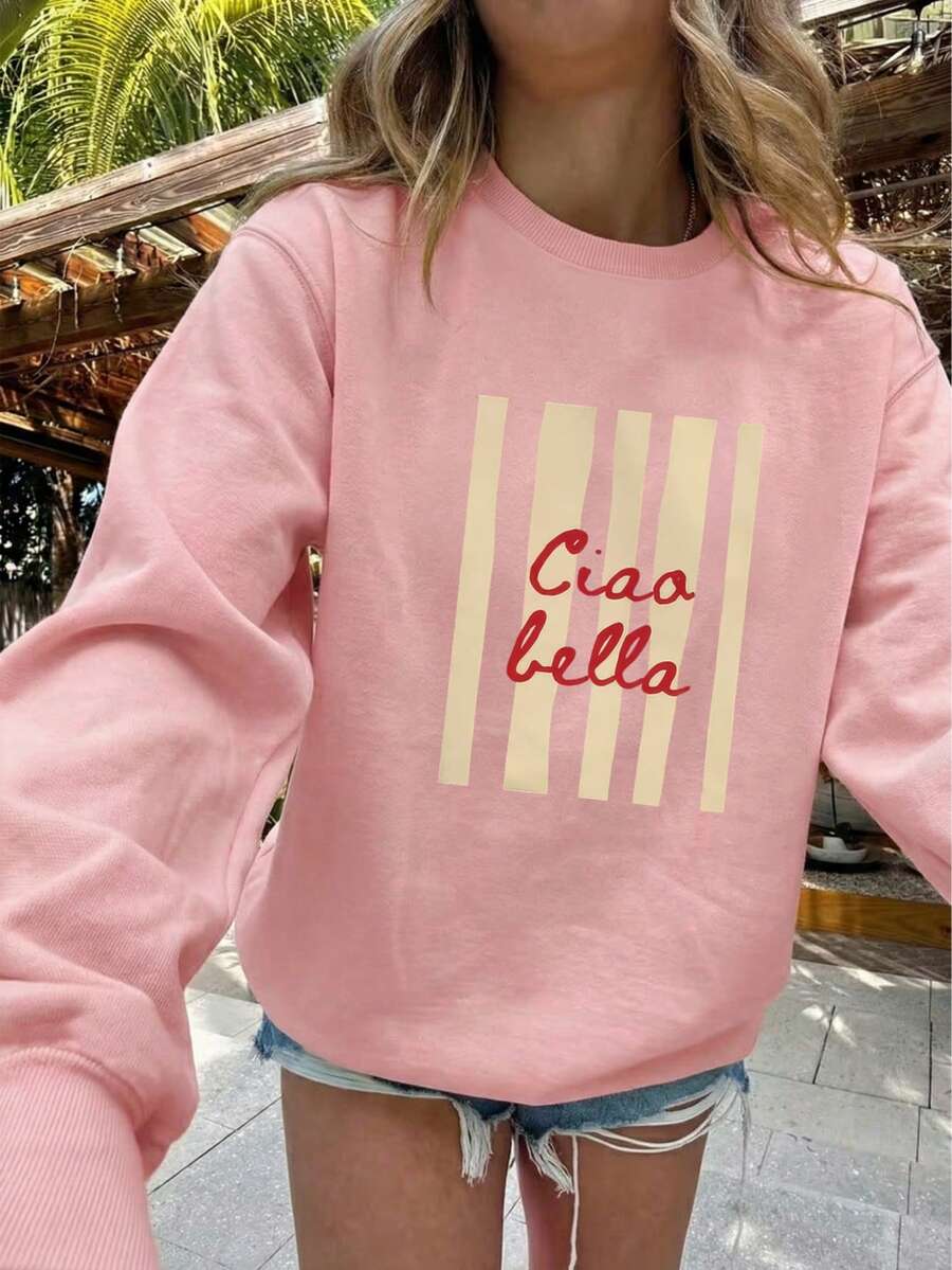 Ciao Bella 意大利浪漫标语卫衣，浅粉色，温柔风格，青春时尚小众设计，大码针织卫衣，圆领长袖，罗纹针织细节，冬季内衬，女士套头衫，大码卫衣，大码女装，秋冬季，舒适宽松版型，秋冬季大码服装，日常休闲春季穿着 - 淺粉色 - 查看 1