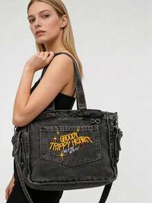 This Novel And Fashionable Classic Multi-Purpose Casual Backpack Features A Letter Graphic Design, With A Red Heart-Shaped Pendant, Exquisite Embroidery, And A Large-Capacity Metal Chain Shoulder Strap. Made Of Fabric With A Worn And Washed Treatment, It Is Very Suitable For School Or Commuting Use. - Black - View 9