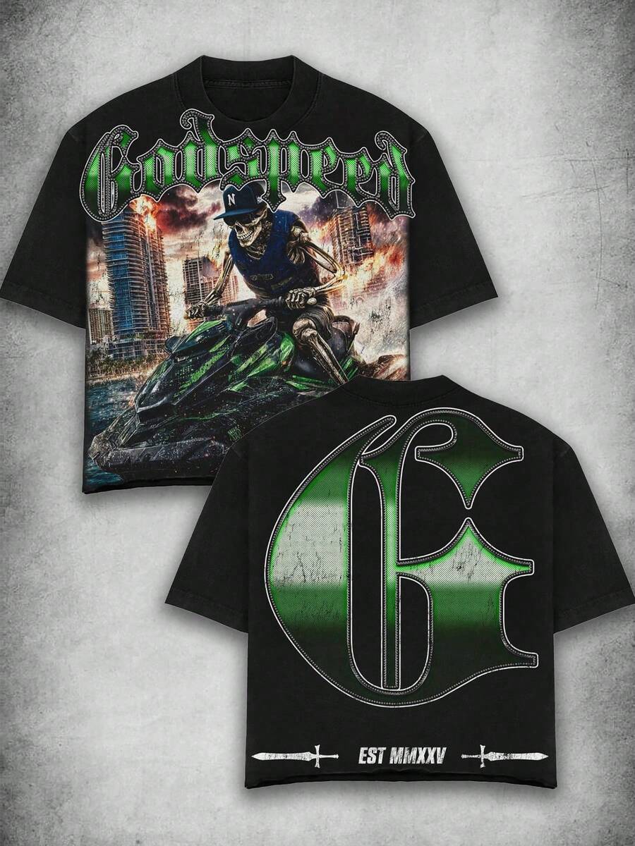 100% Cotton Material, Men's Summer Shirt, Y2K Vintage Streetwear,GODSPEED Brand, Skeleton Jet Skier, City Explosion Background Graphic, Yberpunk Aesthetic, Dark Techwear Style T-Shirt, Suitable For Adults' Wear, Casual And Fashionable, Versatile For All Occasions, Urban Style, Suitable For Costume At Carnivals And Valentines Day, - 黑色 - 查看 1