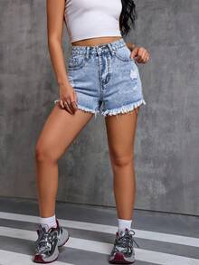 Women's Summer Casual Denim Shorts, Frayed Pockets, Zipper Closure, Distressed Denim, Straight Leg - Light Wash - View 5