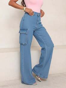 Calça Wide Leg Feminina Cargo Cintura Alta 3 Bolsos Laterais Larga Casual Elegante  Clean Girl - Lavagem Média - Visão 6