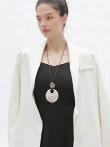 1件时尚百搭银色圆点吊坠项链，男女皆宜的长款项链，配棕色蜡绳和珠子，音乐节礼物，节日配饰 - 棕色臘繩 - 查看 2