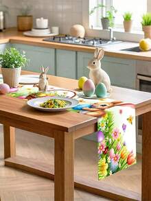 1pc 35*180cm Polyester Easter Farm Style Table Runner, Featuring Vivid Rabbit, Eggs And Basket Patterns, Suitable For 2025 Easter Home Decor, Kitchen Dining Table Decoration, Spring Holiday - Multicolor - View 7