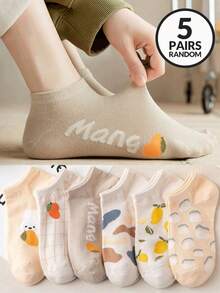 5 Pairs Assorted Fruit Pattern Women's Shallow Mouth Thin Low-Cut Ankle Socks, Cute Japanese Style Short Casual Socks Suitable For Daily And Holiday Wear - Multicolor - View 5