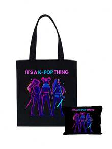 K-POP帆布手提袋，印有“This Is A K-POP Thing”字样和酷炫女偶像图案，大容量单肩手提包，手绘插画单肩包，粉丝周边礼品，通勤购物袋，可折叠大容量休闲杂货袋，适合各种场合，是旅行、演唱会、粉丝活动、派对、日常使用、生日礼物、偶像周边、节日礼物、演唱会礼物的理想之选。 - 彩色 - 查看 14