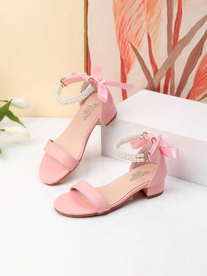 1 Pair Summer New Girls Shoes Fashion High Heel Pearl Decor Sandals, Girls High Heel Dance Shoes, Student Performance & Daily Wear Sandals