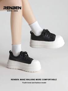 RENBEN 2026 Spring New Arrival Thick Sole Vulcanized Shoes For Women, Versatile Lightweight Increase Height Student Casual White Sneakers - Black - View 10