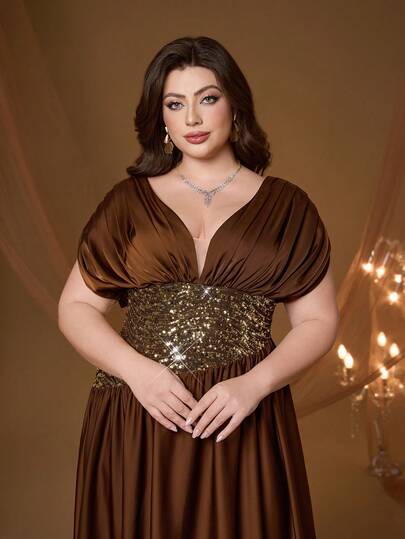 Magiacy新款亮片V领优雅大码晚礼服，荷叶边下摆长款连衣裙，适合正式场合、婚礼、派对等春季穿着。