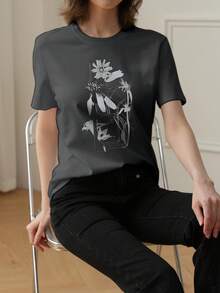 1pc Women's Casual Loose Retro Floral Print T-Shirt, Versatile Round Neck Top, Spring/Summer 2026 - Dark Grey - View 3