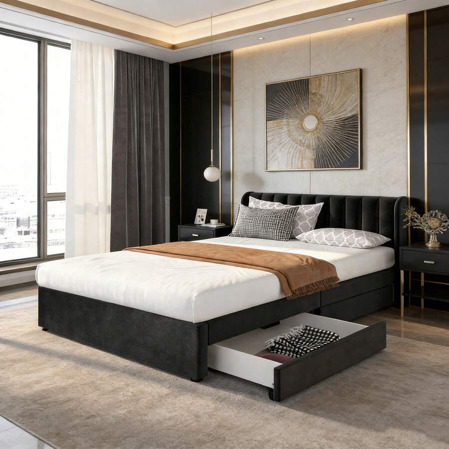 Bed Bases & Foundations - Black + Velvet + 160cm*200cm - View 1