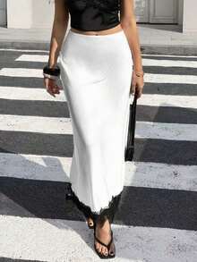 Dila Polly 新款春夏女士真丝缎面A字中长裙，蕾丝拼接，优雅流畅 - 白色 - 查看 2