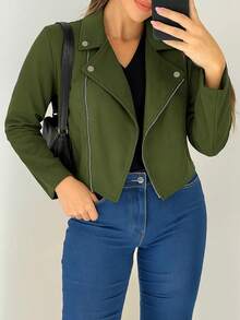 Jaqueta Feminina de Suede Estilosa Com Botões e Zíper Prata Estilo confortável Blusa de Frio - Verde Militar - Visão 4