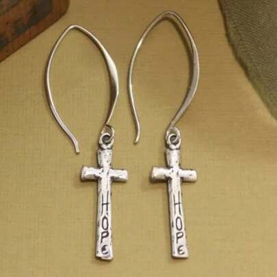 1 Pair Vintage-Tone Cross Earrings, Symbolic Of Faith, Handmade Silver Jewelry, Gift Accessory For Friends And Family