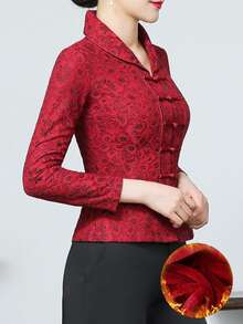 2026 Autumn/Winter Lace Long-Sleeved Outerwear For Women, Retro Style, Chinese-Style Lapel, Slim Fit, Fleece Lined For Warmth, Fold-Down Opening, Asian Sizes, Perfect Mother's Day Gift, Popular With Women, Stylish Outerwear, High-Value Outerwear, Suitable For Everyday/Casual/Social/Occasion/Vacation/Events/Holidays - 酒紅色 - 查看 7