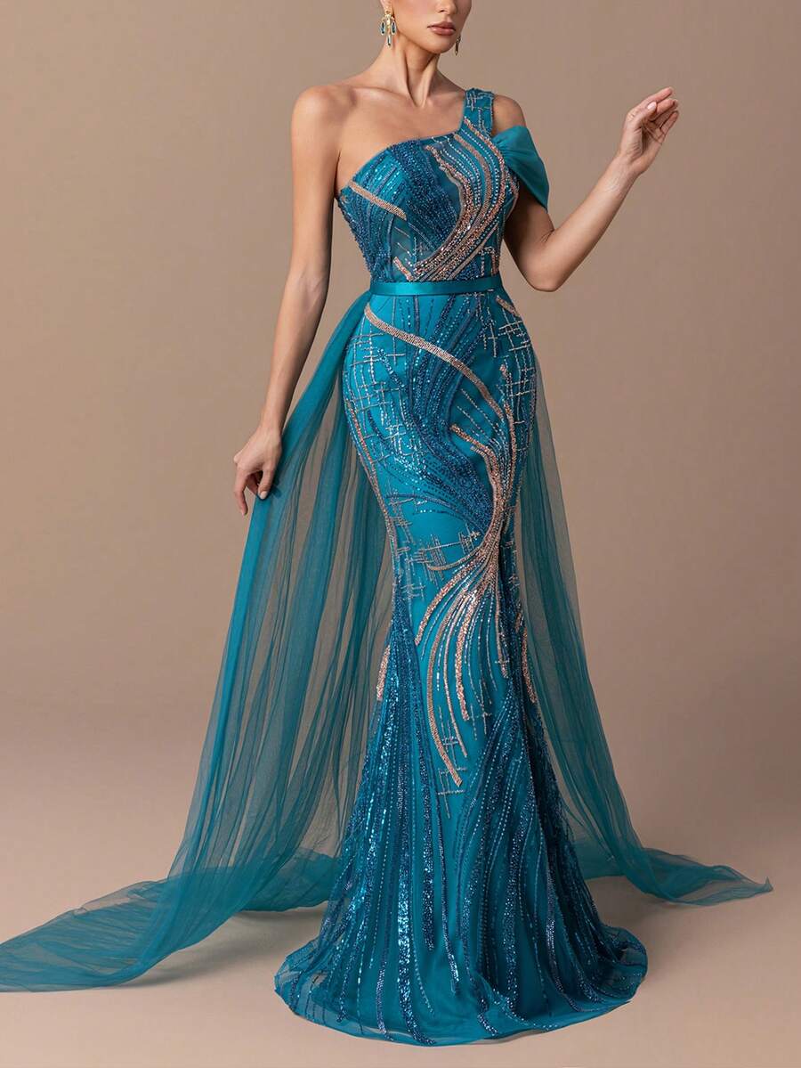 Faeriesty Wunderschönes einschultriges bodenlanges Abendkleid mit Perlenbesatz, asymmetrischer Tüllverzierung und hochgeschlitztem Meerjungfrauenrock - figurbetonter Schnitt für Sommerhochzeiten, rote Teppiche und elegante Partys