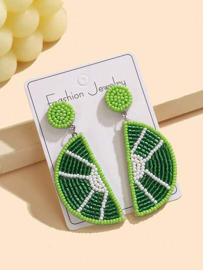 一对青柠色米珠珍珠耳坠 - 手工串制彩色米珠珍珠耳环，清新吸睛的水果主题饰品