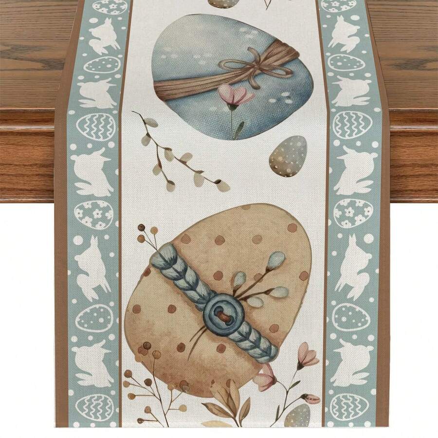 1 pieza Mantel de lino de Pascua, Tapete de mesa rectangular, con diseños de conejo, huevo y flores, adecuado para cena familiar, mesa de café, decoración de cocina y comedor, decoración de mesa de comedor para fiestas y escenas, decoración del hogar, camino de mesa de cocina y comedor, decoración de mesa de patio al aire libre, bufanda para repisa de chimenea - Multicolor - Ver 1