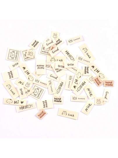 100个10-35毫米米色混合字母“Good/Hell/Lvck/Hand Made/Sweet”标签，适用于DIY个性化服装、帽子、包包、缝纫配件