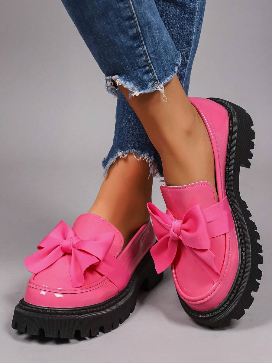 Geeyea A Pair Of Women's Loafers, Shiny Pink Women's Loafers, Big Bow Thick Sole Design, Sweet And Cool College Style, Fashionable And Eye-Catching Shoes For Daily Outings And Campus Commuting - Hồng - Xem 1
