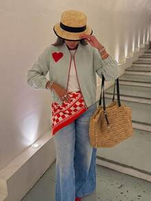 女士秋季新款蓝色条纹爱心贴片撞色夹克，休闲通勤度假风春季外套 - 薄荷綠 - 查看 3