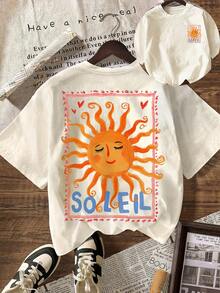 Solei Cute Sun Graphic T-Shirt, Summer For Women, Vacation & Beach, Plus Size Women Casual Round Neck Short Sleeve T-Shirt - Apricot - View 1