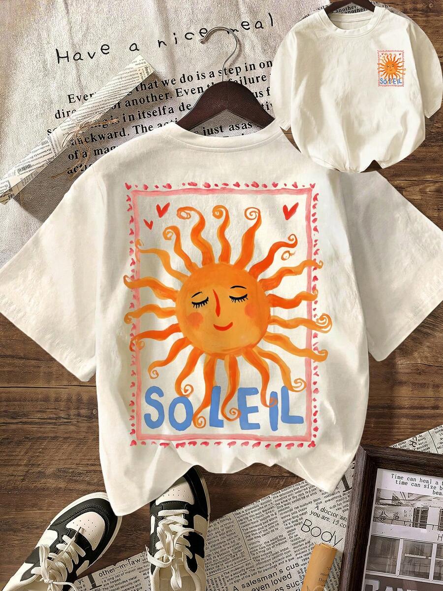 Solei Cute Sun Graphic T-Shirt, Summer For Women, Vacation & Beach, Plus Size Women Casual Round Neck Short Sleeve T-Shirt - Apricot - View 1