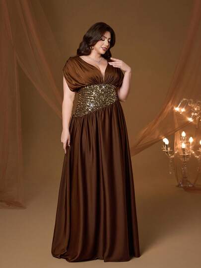 Đầm maxi dáng chữ A tay ngắn, cổ chữ V, màu nâu satin đính sequin cỡ lớn hiệu Mgiacy, kiểu dáng thanh lịch dành cho nữ mùa hè, thích hợp cho đám cưới, dạ hội, tiệc tùng, kỳ nghỉ và lễ hội mùa xuân.