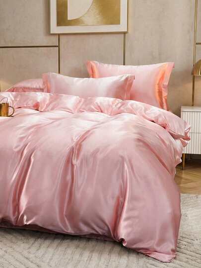 2/3pcs Satin Duvet Cover Set, Wrinkle-Free, Soft & Skin-Friendly, Lightweight & Silky, Improve Sleep Quality, Solid Color Series, Suitable For Single, Double, Queen Size Beds, All Season Use, Includes 1pc Duvet Cover & 1/2pcs Pillow Shams, Great For Autumn And Indoor Decor