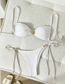 Thin Strap Thong Bikini With Side Tie, Shell Buckle, And Padded Cups - trắng - Xem 1