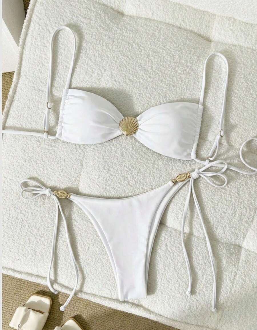 Thin Strap Thong Bikini With Side Tie, Shell Buckle, And Padded Cups - trắng - Xem 1