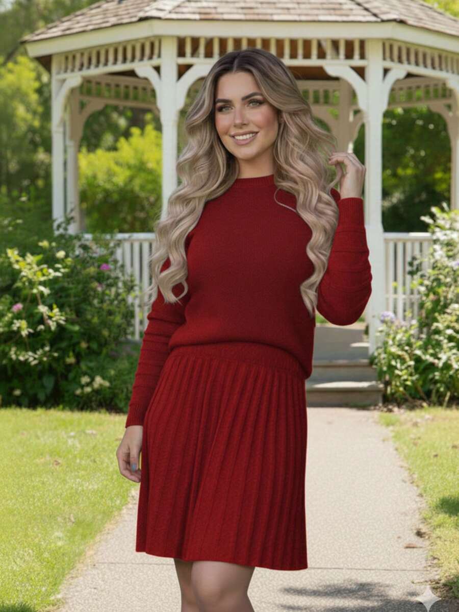 Schoolgirl Pleated Skirt And Long Sleeve Mousse Blouse Set In Tricot - Màu Đỏ Sâu - Xem 1