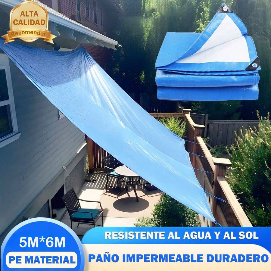 Membrana Impermeable Reforzada de Alta Resistencia, Resistente a la Lluvia Azul, 16 Milésimas de un Pulgada, Recubrimiento de Doble Cara, Protección UV, Resistencia al Desgarro y Bordes con Doble Refuerzo. Adecuada para Techos, Patios, Piscinas, Barcos y Cubiertas de Vehículos. Versátil para Uso en Exteriores, Esencial para Camping y Autocaravanas. - 5 x 6 metros - Ver 1