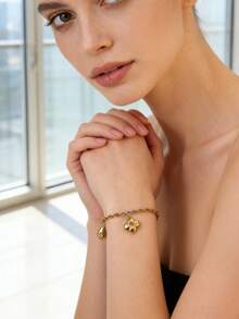 1 chiếc vòng tay dây chuyền bằng thép không gỉ kiểu Bohemian, mặt dây chuyền hình giọt nước và hoa bốn cánh, vòng tay quyến rũ, phù hợp cho nữ giới đeo hàng ngày, trang sức không phai màu. - Vàng - Xem 7