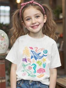 Young Girl Cute Cartoon Ocean Creature Whale Print Crew Neck Short Sleeve Sweatshirt, Spring/Summer - White - View 11