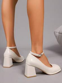 Geeyea Elegant Women's High Heels, Ankle Buckle Design, Multiple Colors To Choose From, Thick Heel Design, Suitable For Dance Parties, Also Suitable For Plus-Size Women, Shiny Leather Shoes, Local Warehouse Women's Products,Shoes For Women,Heels For Women,Local Warehouse Items For Women - 白色 - 查看 4