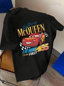 Disney Men's Casual T-Shirt, Featuring Disney's Cartoon Image Of Lightning McQueen, Iconic Red Body, Confident Smiling Cartoon Pattern, Fashionable And Comfortable Soft Cotton T-Shirt, Full Of Retro And Street Style Collision - Black - View 1
