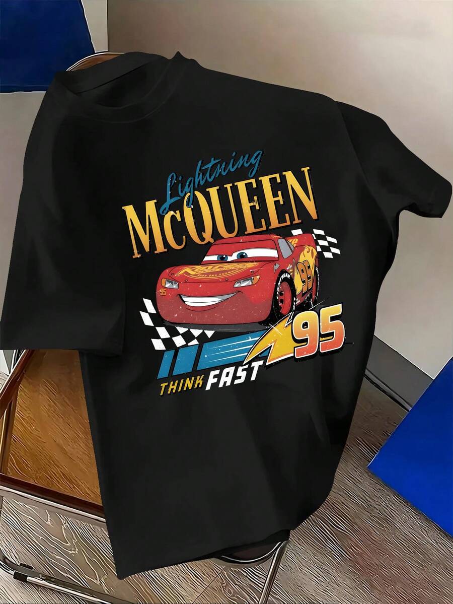 Disney Men's Casual T-Shirt, Featuring Disney's Cartoon Image Of Lightning McQueen, Iconic Red Body, Confident Smiling Cartoon Pattern, Fashionable And Comfortable Soft Cotton T-Shirt, Full Of Retro And Street Style Collision - Black - View 1