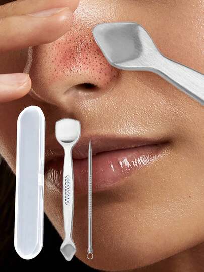 2 piezas Juego de herramientas para eliminar puntos negros - Extractor de puntos negros de acero inoxidable + Aguja removedora de comedones, con estuche de almacenamiento portátil, herramienta profesional para limpieza de poros y acné, conveniente para viajar