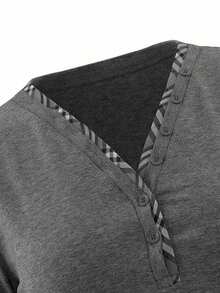 Sweet & Cool Plaid Patchwork V-Neck Long Sleeve T-Shirt, Slim Fit Layering Top, Spring/Summer - Grey - View 9