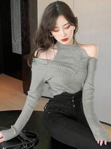 素色羅紋吊脖套頭衫毛衣 - 淺灰色 - 查看 4