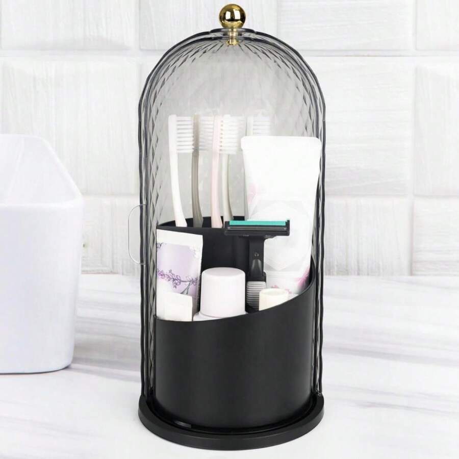 QIYVLOS Toothbrush Holders With Sliding Lid, Rotating 3 Slots Bathroom Organizer Countertop, Tooth Brush Toothpaste Holder Bathroom Counter Stand Caddy For Vanity Makeup Brushes Holder (Black) - ColorA - 查看 1