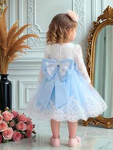 女婴蕾丝网纱露背蝴蝶结优雅可爱花童礼服，适合婚礼、派对和生日等场合，不含头饰 - 淺藍色 - 查看 5