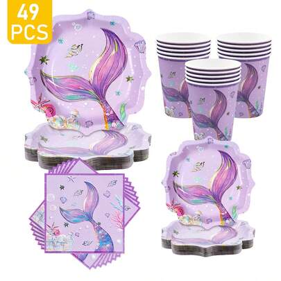 Mermaid Tail Petal Shaped Disposable Plates, Napkins, Cups - One-Time Party Supplies Set For 8 Guests, Disposable Paper Plates Suitable For Birthday, Wedding, Theme Party, Family Picnic
