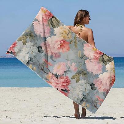 1条印花沙滩巾，花卉图案泳装毛巾，柔软吸水超细纤维材质，适用于浴室、游泳、健身、瑜伽等场合，轻便易携，防风防晒防沙，是夏季旅行、度假和浴室装饰的理想之选。
