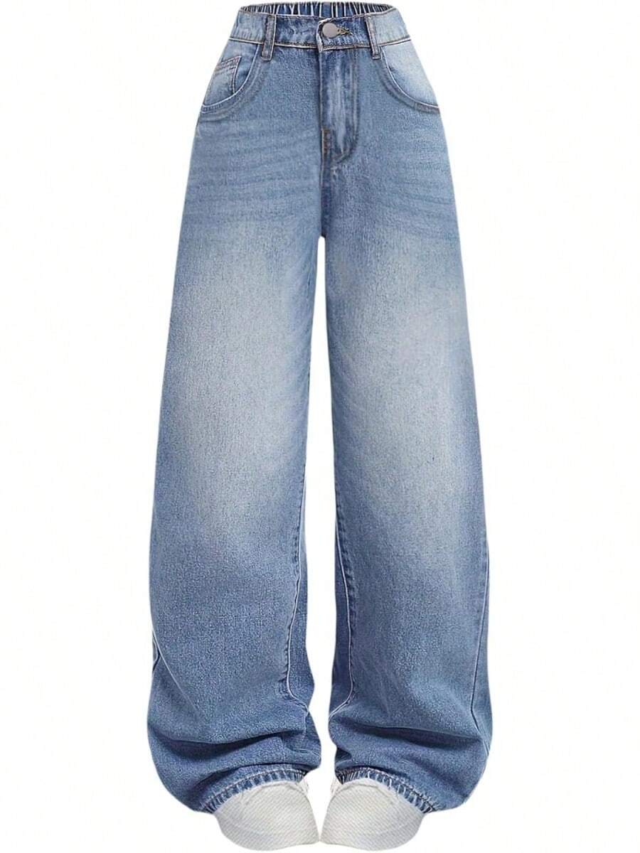 Girls Baggy Wide Leg Ripped Denim Jeans High Waist - Washed Light Blue-888 - View 1