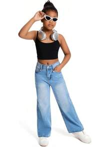 Girls Baggy Wide Leg Ripped Denim Jeans High Waist - Washed Light Blue-888 - View 6