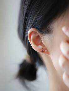 BALMORA 1 Pair Of S925 Sterling Silver Elegant Simple Pomegranate Red Heart-Shaped Zirconia Earrings For Women Daily Commuting Wearing Valentines Day Earrings Jewelry - Gold - View 4